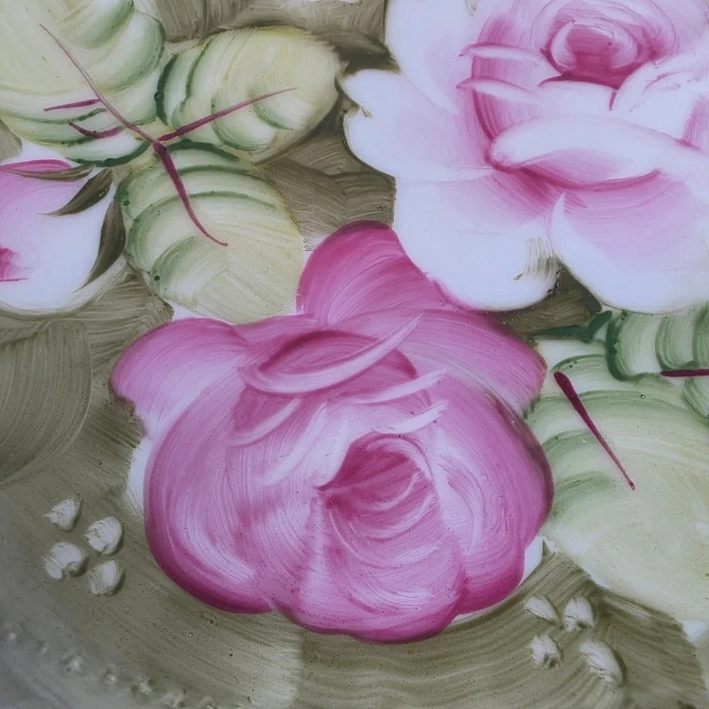 Antique Lefton Hand Painted Pink Rose Porcelain Cake Plate Gold Gilt Scallop Rim
